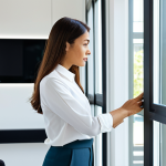 A professional woman in a modest business blouse and tailored trousers, standing in a bright, modern living room with large windows. A sleek, minimalist mesh Wi-Fi router is subtly visible on a side table. She is looking at a wall-mounted smart home control panel, her expression calm and focused, demonstrating seamless home connectivity. The room features contemporary furniture and abundant natural light. fully clothed, appropriate attire, safe for work, perfect anatomy, correct proportions, natural pose, well-formed hands, proper finger count, natural body proportions, professional photography, high quality, family-friendly.