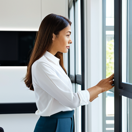 A professional woman in a modest business blouse and tailored trousers, standing in a bright, modern living room with large windows. A sleek, minimalist mesh Wi-Fi router is subtly visible on a side table. She is looking at a wall-mounted smart home control panel, her expression calm and focused, demonstrating seamless home connectivity. The room features contemporary furniture and abundant natural light. fully clothed, appropriate attire, safe for work, perfect anatomy, correct proportions, natural pose, well-formed hands, proper finger count, natural body proportions, professional photography, high quality, family-friendly.