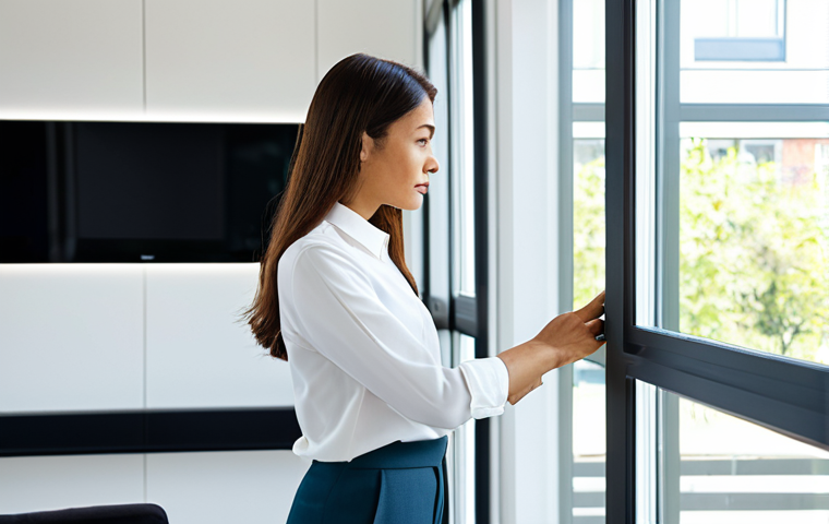 A professional woman in a modest business blouse and tailored trousers, standing in a bright, modern living room with large windows. A sleek, minimalist mesh Wi-Fi router is subtly visible on a side table. She is looking at a wall-mounted smart home control panel, her expression calm and focused, demonstrating seamless home connectivity. The room features contemporary furniture and abundant natural light. fully clothed, appropriate attire, safe for work, perfect anatomy, correct proportions, natural pose, well-formed hands, proper finger count, natural body proportions, professional photography, high quality, family-friendly.