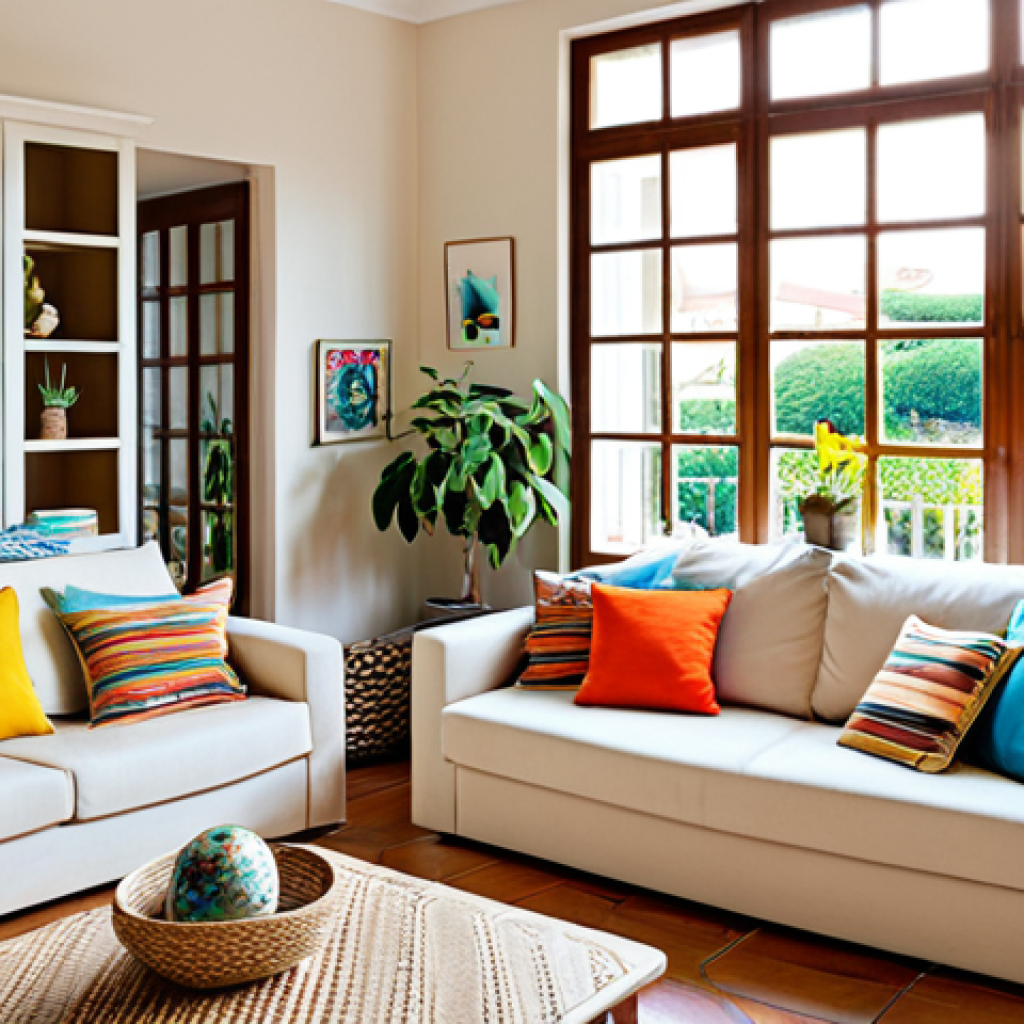 **
"A bright and airy living room in a Portuguese home, featuring neutral colored walls, a comfortable beige sofa with colorful throw pillows, and potted plants. Natural light streams through large windows. The room is tastefully decorated with travel souvenirs and personal touches. Fully clothed. Safe for work. Appropriate content. Perfect anatomy, natural pose, professional photography, high quality, family-friendly, modest."
**