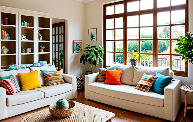 **
"A bright and airy living room in a Portuguese home, featuring neutral colored walls, a comfortable beige sofa with colorful throw pillows, and potted plants. Natural light streams through large windows. The room is tastefully decorated with travel souvenirs and personal touches. Fully clothed. Safe for work. Appropriate content. Perfect anatomy, natural pose, professional photography, high quality, family-friendly, modest."
**
