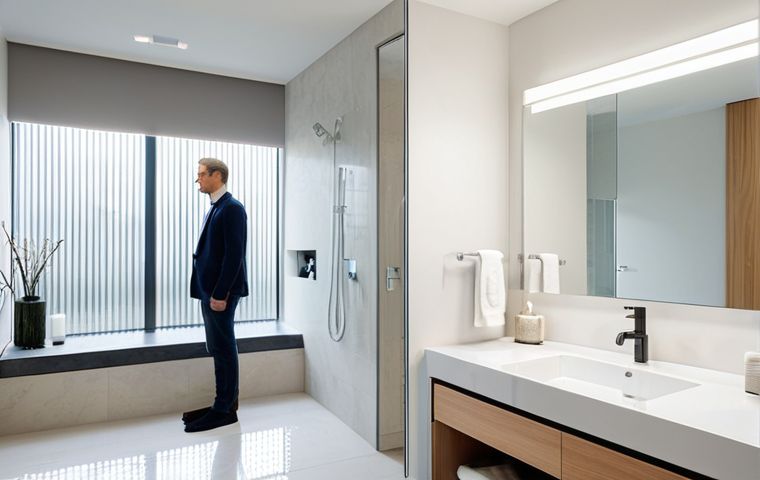 Modern Bathroom with Defogging Mirror**
"A bright and airy modern bathroom with a large, rectangular mirror above a vanity. The mirror is clear of steam, reflecting a person's face as they prepare for the day. Soft, natural light fills the room. The bathroom features clean lines, neutral colors, and minimalist decor. fully clothed, appropriate attire, safe for work, perfect anatomy, natural proportions, professional photography, high quality"
**