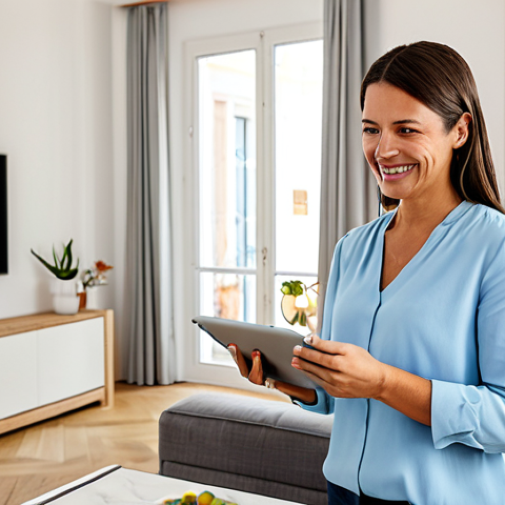 기술 통합이 주거 환경에 미치는 긍정적 영향 - Smart Home Control**
A brightly lit, modern living room in Lisbon, Portugal. A woman in her 30s, fu...