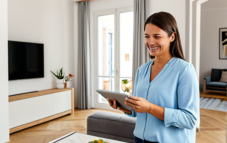 기술 통합이 주거 환경에 미치는 긍정적 영향 - Smart Home Control**
A brightly lit, modern living room in Lisbon, Portugal. A woman in her 30s, fu...