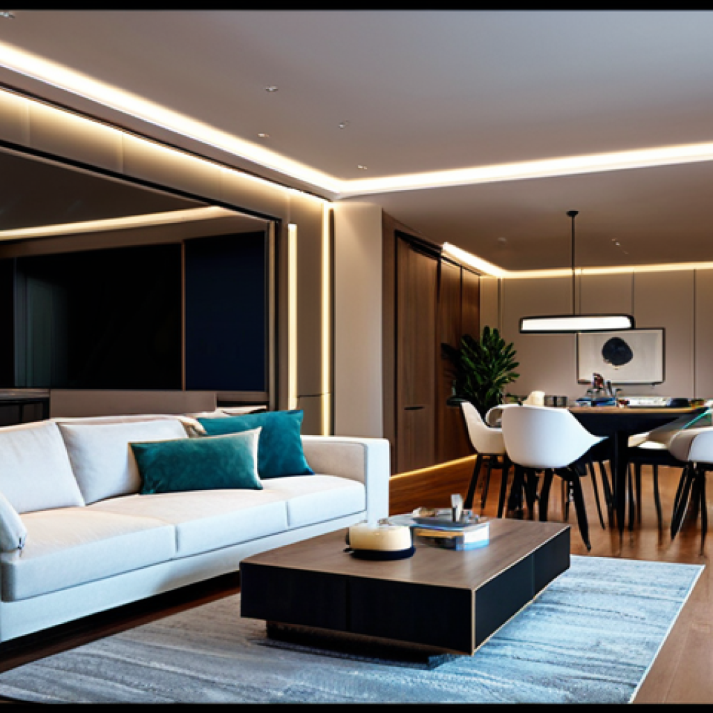 생활환경 디자인을 위한 최신 기술 - Smart Lighting**
"A modern living room with smart lighting, showcasing adjustable intensity and col...