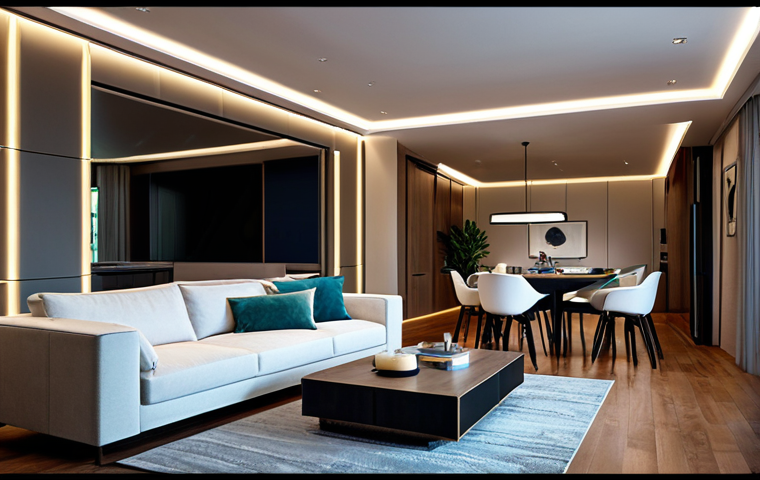 생활환경 디자인을 위한 최신 기술 - Smart Lighting**
"A modern living room with smart lighting, showcasing adjustable intensity and col...
