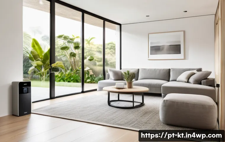기술 통합 생활환경을 위한 체크리스트 - A modern Brazilian living room showcasing a smart home setup focused on security and energy efficien...
