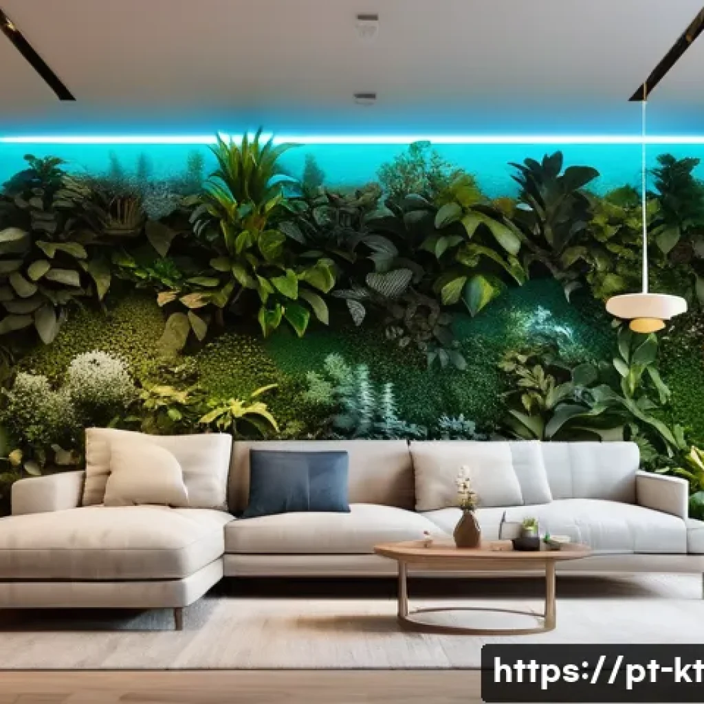 스마트 공간 디자인의 혁신적 아이디어 - A modern living room showcasing a smart environment with integrated AI and sensors: adjustable light...