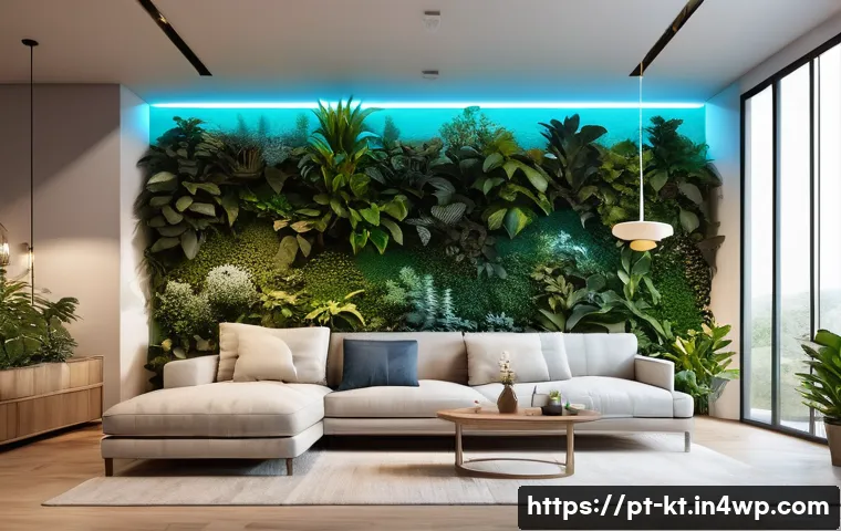스마트 공간 디자인의 혁신적 아이디어 - A modern living room showcasing a smart environment with integrated AI and sensors: adjustable light...