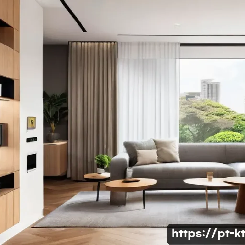 생활환경에서의 기술 활용 사례 - A modern Brazilian living room with smart home automation: sleek interior design featuring warm natu...