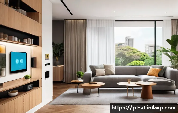 생활환경에서의 기술 활용 사례 - A modern Brazilian living room with smart home automation: sleek interior design featuring warm natu...
