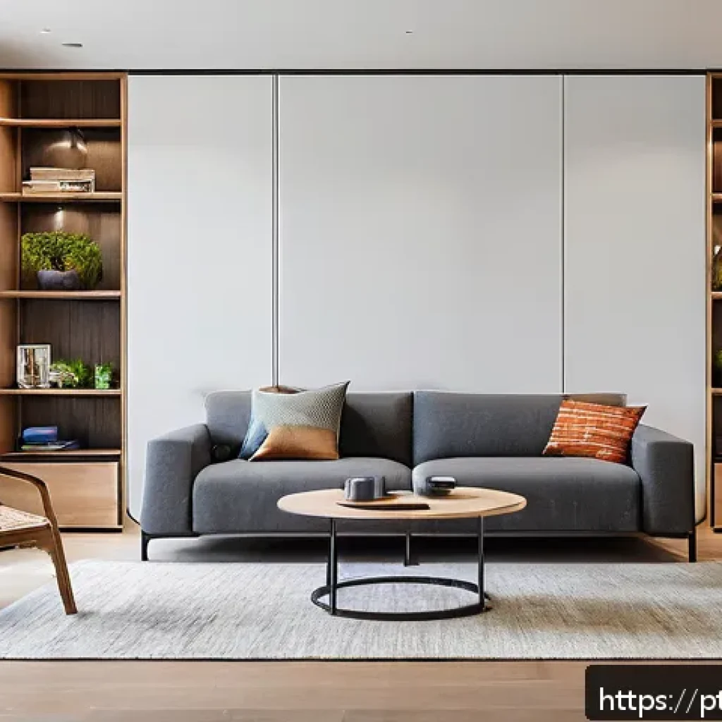 기술을 활용한 공간 활용 최적화 - A modern compact apartment living room featuring sleek modular furniture with clean lines and neutra...