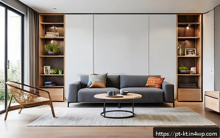 기술을 활용한 공간 활용 최적화 - A modern compact apartment living room featuring sleek modular furniture with clean lines and neutra...