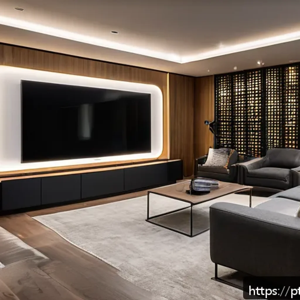 스마트 홈에서의 멀티미디어 경험 - A modern home theater room featuring a large 4K OLED TV mounted on a stylish wooden panel wall, surr...