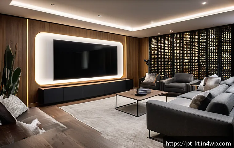 스마트 홈에서의 멀티미디어 경험 - A modern home theater room featuring a large 4K OLED TV mounted on a stylish wooden panel wall, surr...