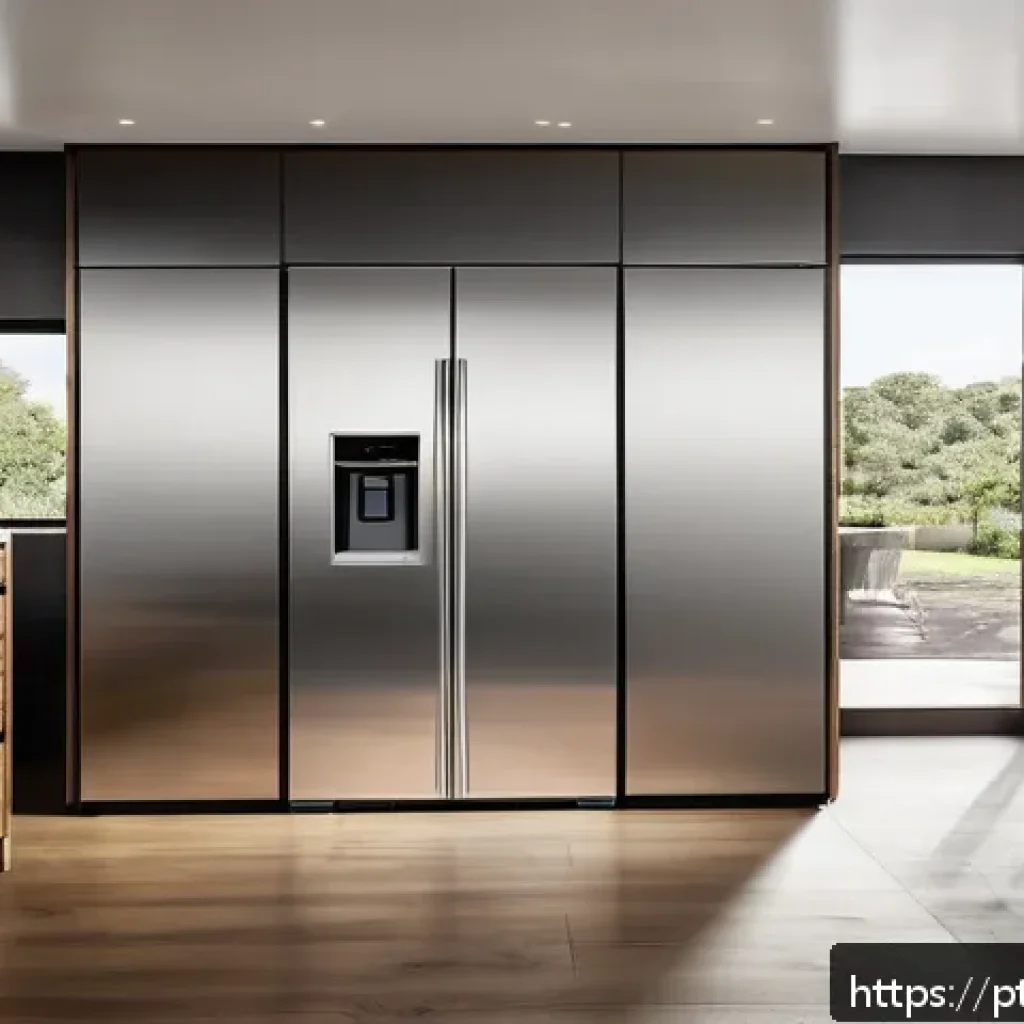 스마트 가전제품의 통합 디자인 - A modern kitchen scene featuring a premium brushed stainless steel refrigerator with a sleek, minima...