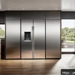 Home 22 스마트 가전제품의 통합 디자인 - A modern kitchen scene featuring a premium brushed stainless steel refrigerator with a sleek, minima...
