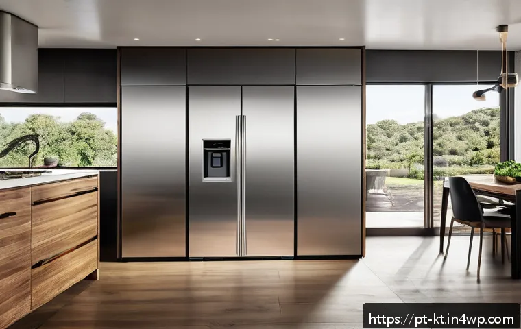 스마트 가전제품의 통합 디자인 - A modern kitchen scene featuring a premium brushed stainless steel refrigerator with a sleek, minima...
