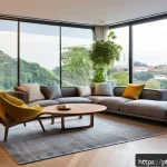 Home 20 기술 통합을 통한 공간 디자인 개선 - A modern Brazilian living room showcasing smart home automation: a sleek smartphone interface contro...